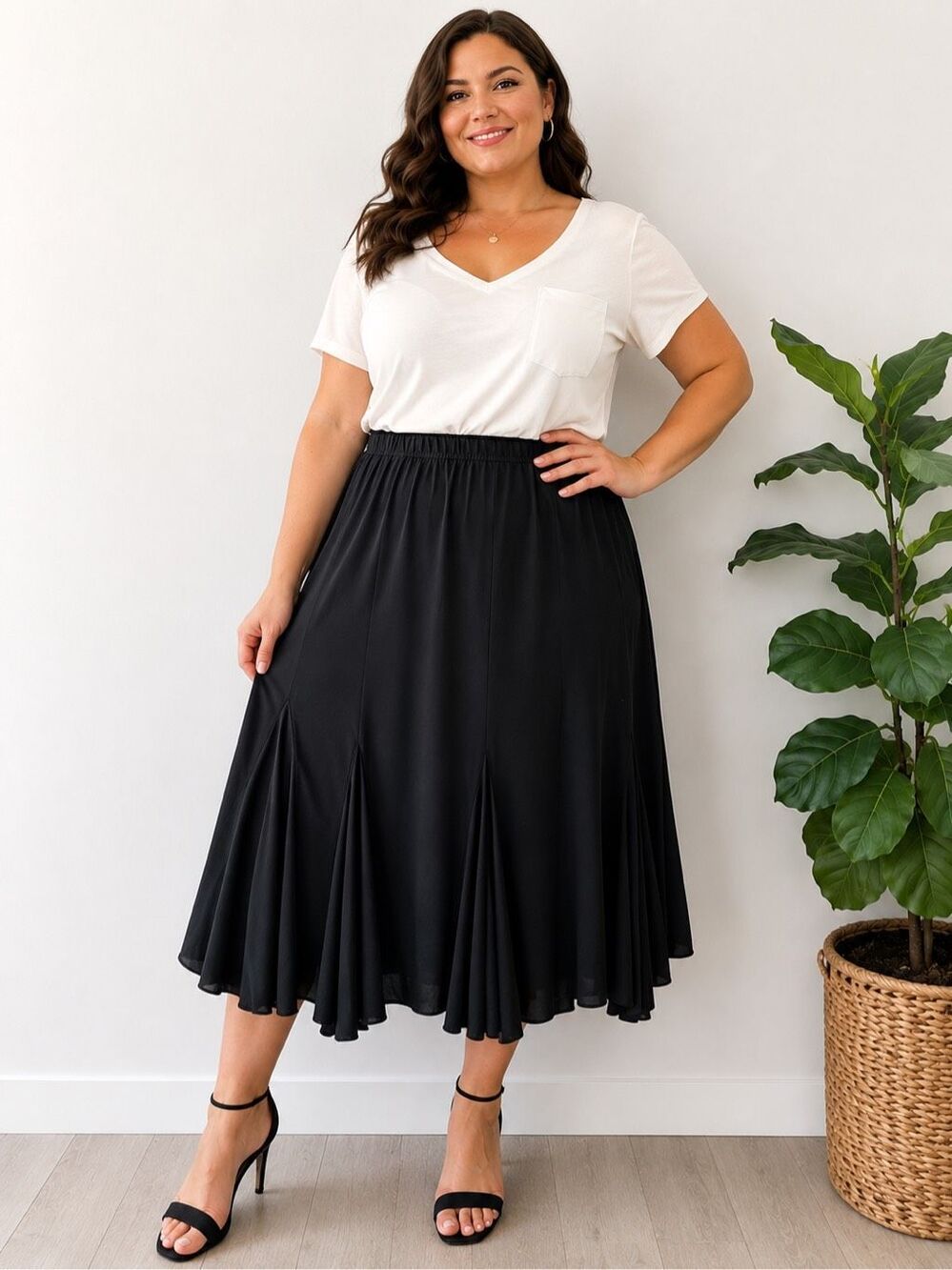Suzie Couture Woman 3X Black Pull On Flare Midi Skirt Plus Size Stretch Classic